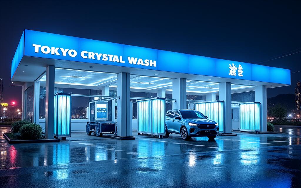夜間にライトアップされたモダンな洗車施設